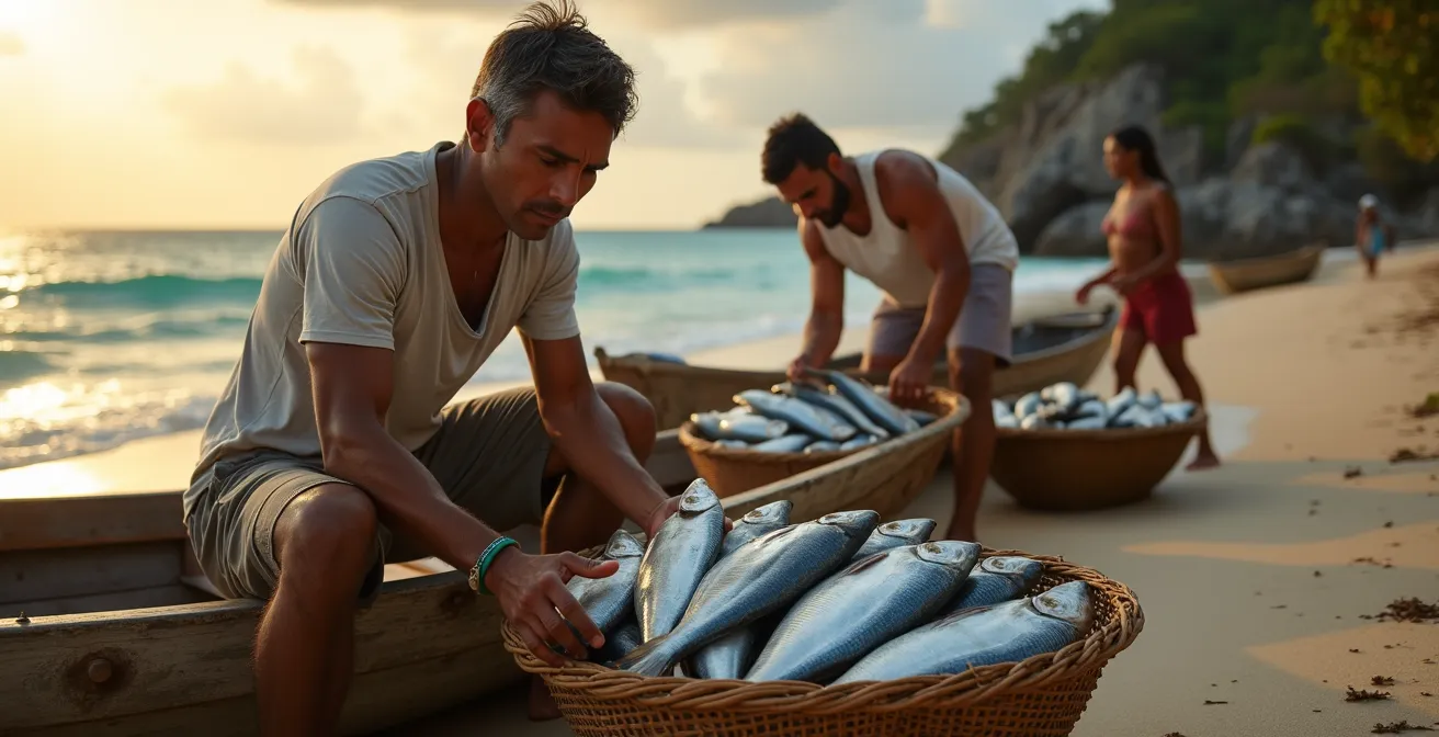 Pêcheurs seychellois déchargeant leur prise sur une plage au coucher du soleil