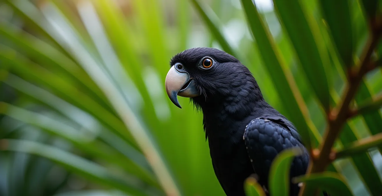 Perroquet noir perché sur une branche dans la canopée de la Vallée de Mai