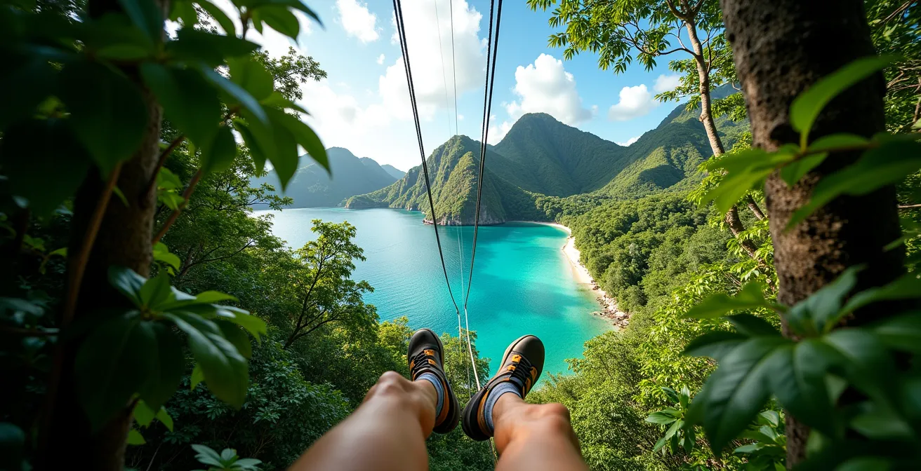 Vue cinématique depuis une tyrolienne montrant la progression de la jungle dense vers l'ouverture spectaculaire sur la baie de Port Launay