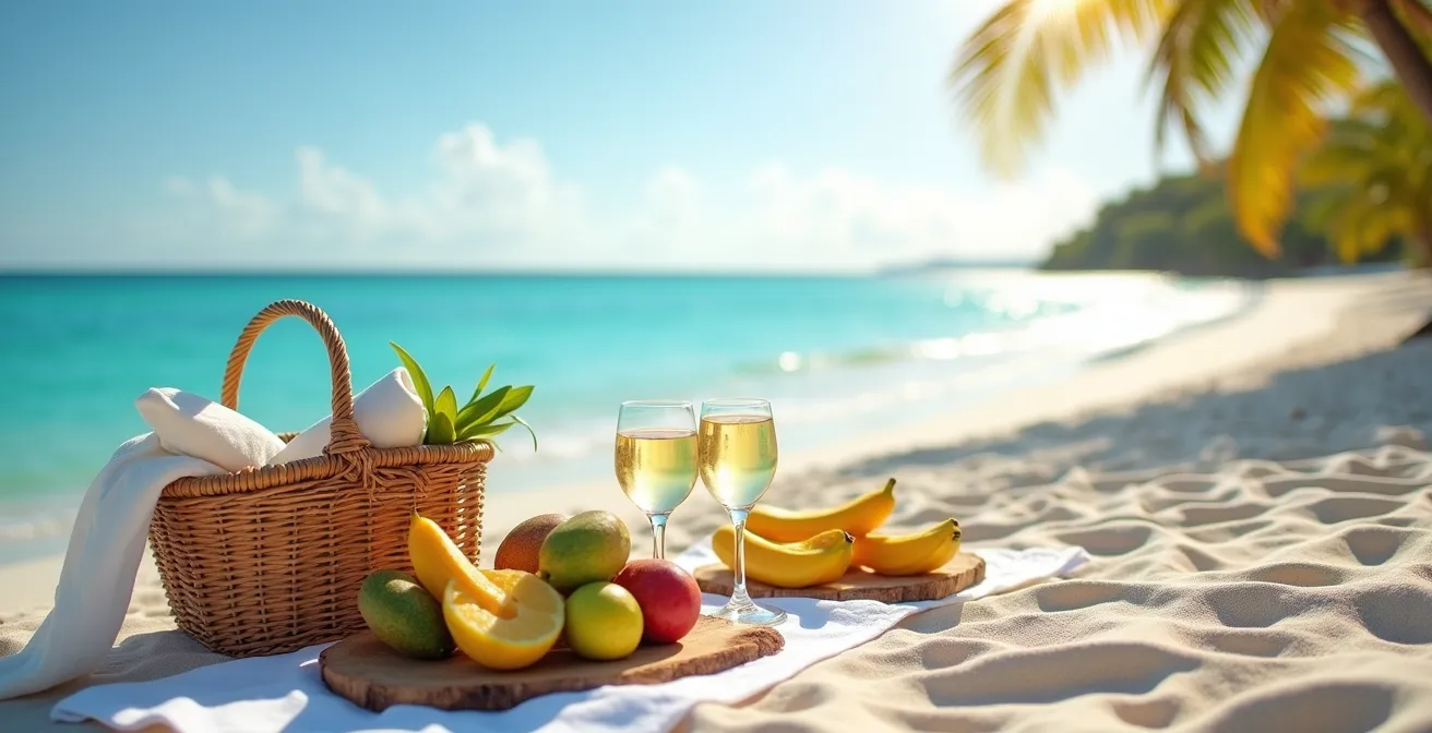 Installation de pique-nique élégante sur une plage déserte avec vue sur le lagon turquoise