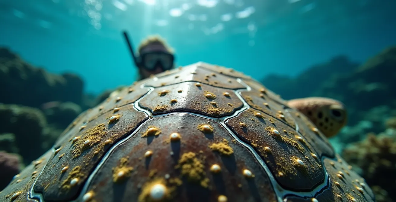 Plongeur observant une tortue marine dans un récif corallien pristine