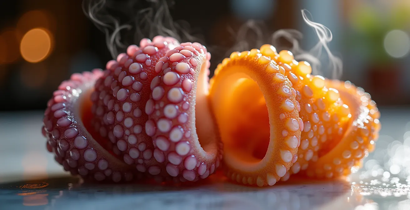 Détails macro de tentacules de poulpe montrant la texture tendre après cuisson