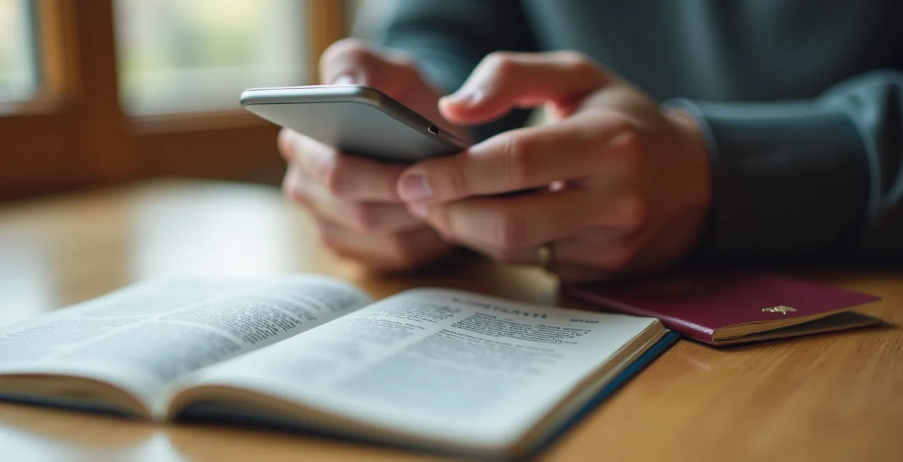 Mains photographiant un passeport avec smartphone sur surface en bois naturel