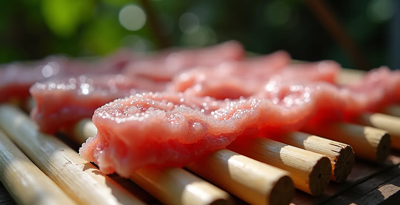 Morceaux de requin salés séchant au soleil sur un support en bambou traditionnel aux Seychelles