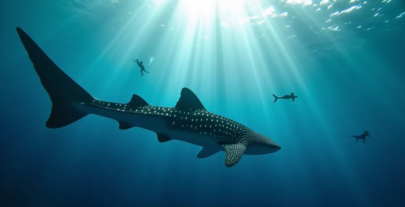 Requin-baleine majestueux nageant dans les eaux cristallines des Seychelles avec plongeurs en arrière-plan