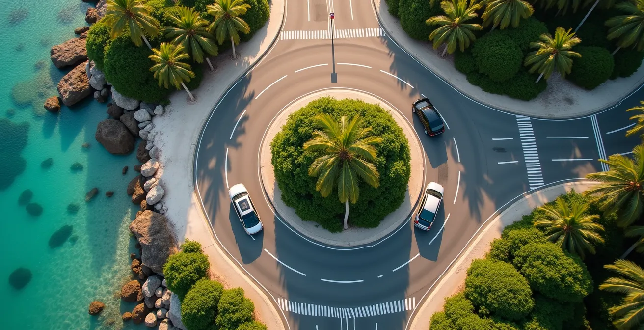 Vue aérienne d'un rond-point aux Seychelles montrant le sens de circulation dans le sens des aiguilles d'une montre