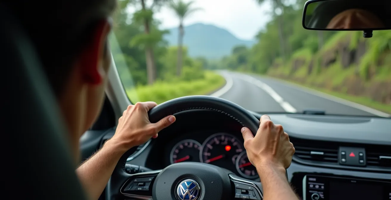 Route sinueuse de montagne à Mahé avec vue panoramique sur l'océan