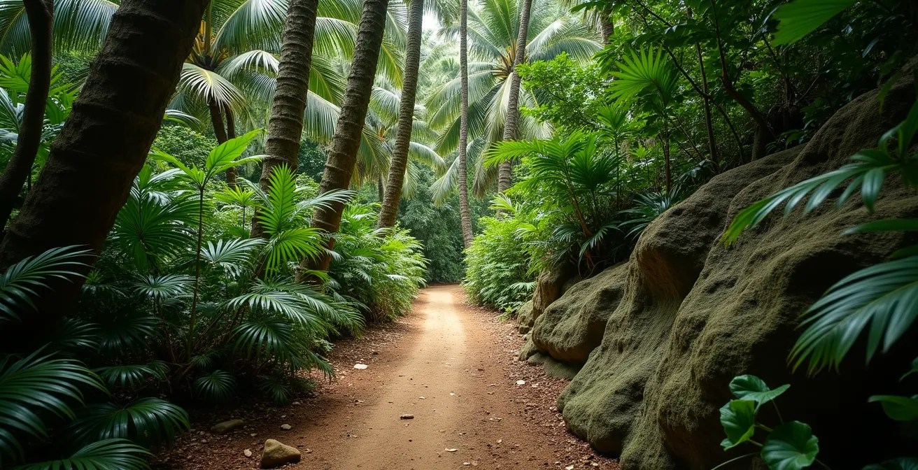 Sentier escarpé traversant une forêt tropicale dense avec rochers granitiques sur le chemin de Mont Plaisir