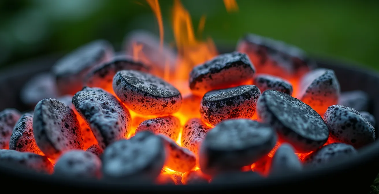 Barbecue créole montrant deux zones de chaleur avec braises et feuilles de bananier