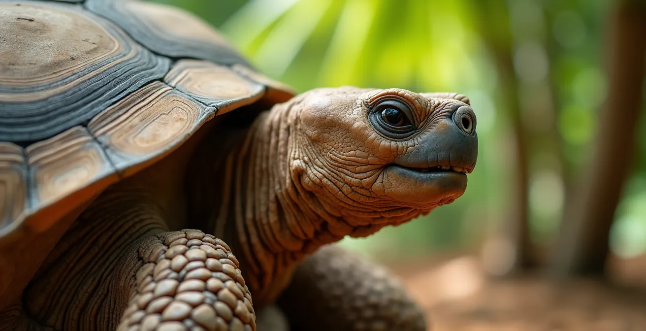 Tortue géante d'Aldabra dans son habitat naturel sur l'île de Desroches