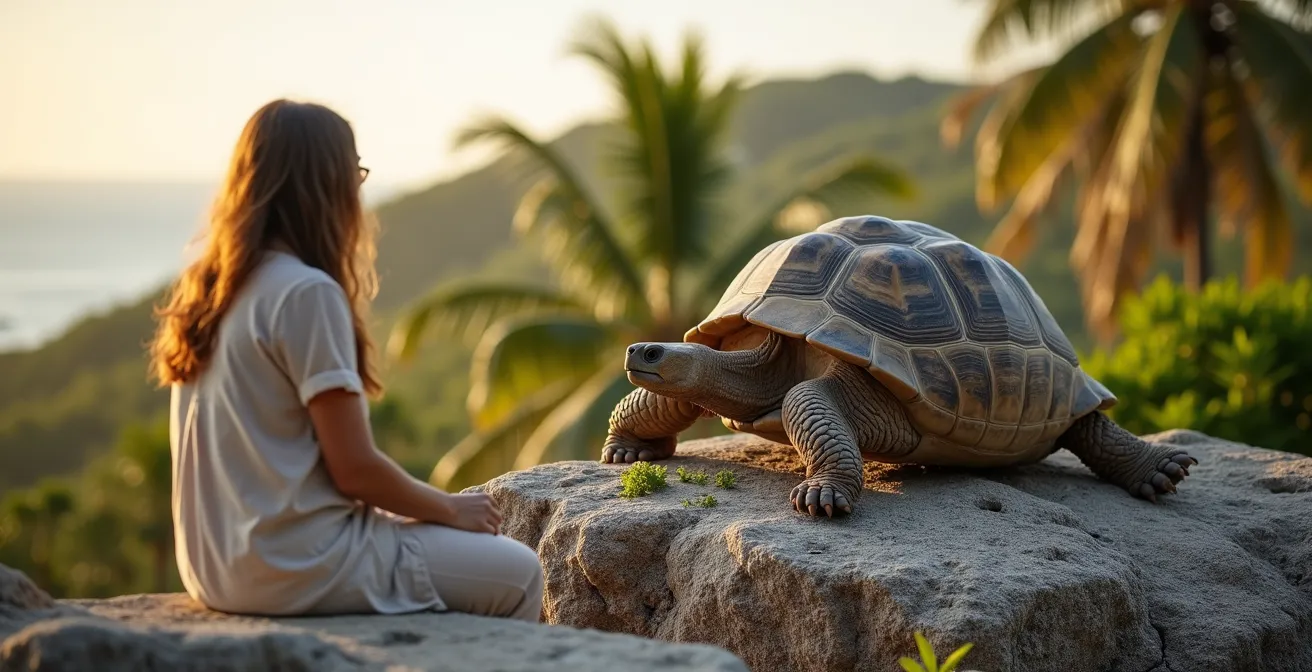 Observation respectueuse d'une tortue géante à distance sécuritaire sur l'île Curieuse