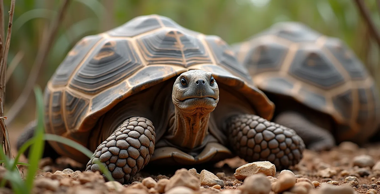 Groupe dense de tortues géantes d'Aldabra dans leur habitat naturel