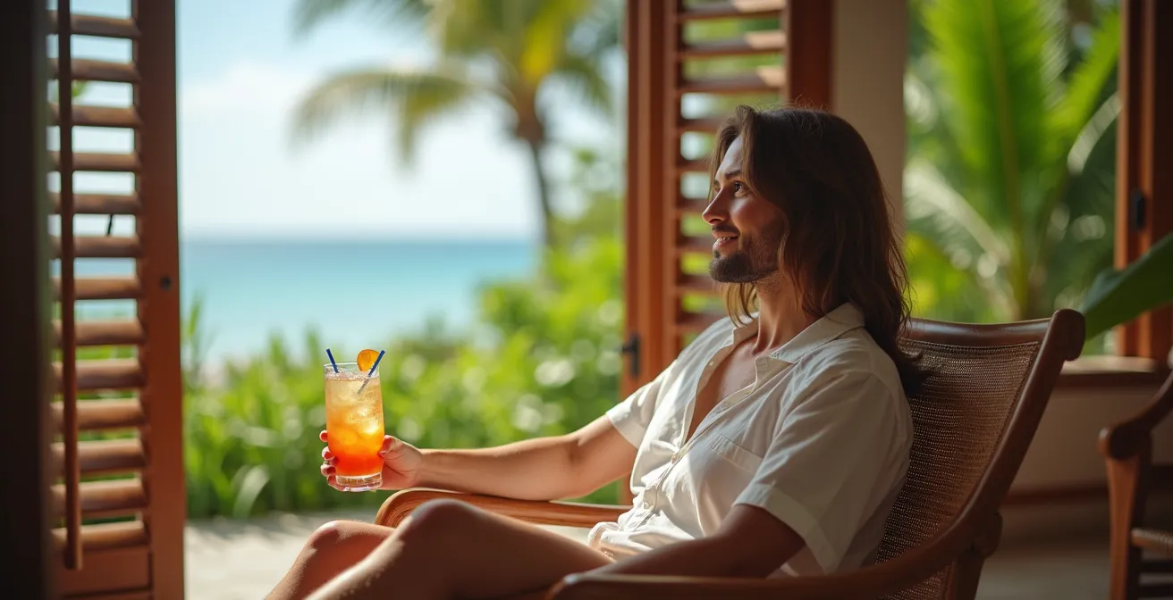 Voyageur se rafraîchissant sous un ventilateur naturel de palmier aux Seychelles