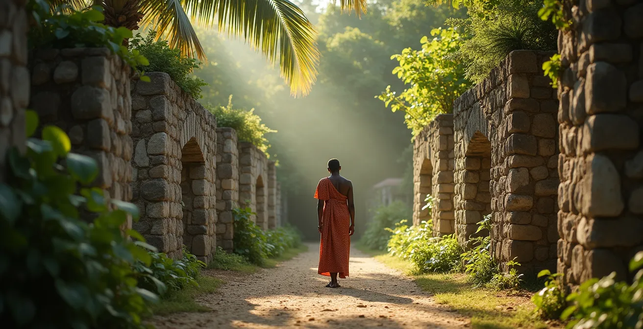 Ruines de plantation coloniale avec murs de pierre envahis par la végétation tropicale