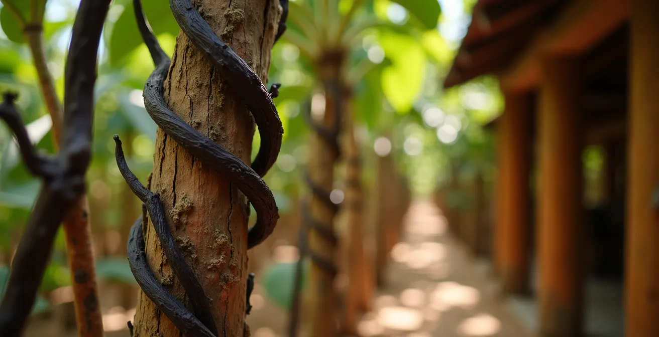 Jeux d'ombres et lumière dans la vanilleraie de L'Union Estate à La Digue