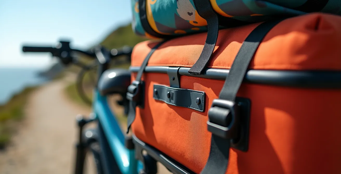 Gros plan sur un vélo cargo électrique chargé de valises colorées, garé sur un chemin côtier avec vue sur l'océan