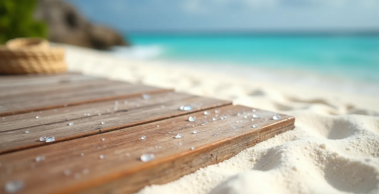 Villa sur pilotis avec piscine privée surplombant un lagon turquoise au coucher du soleil