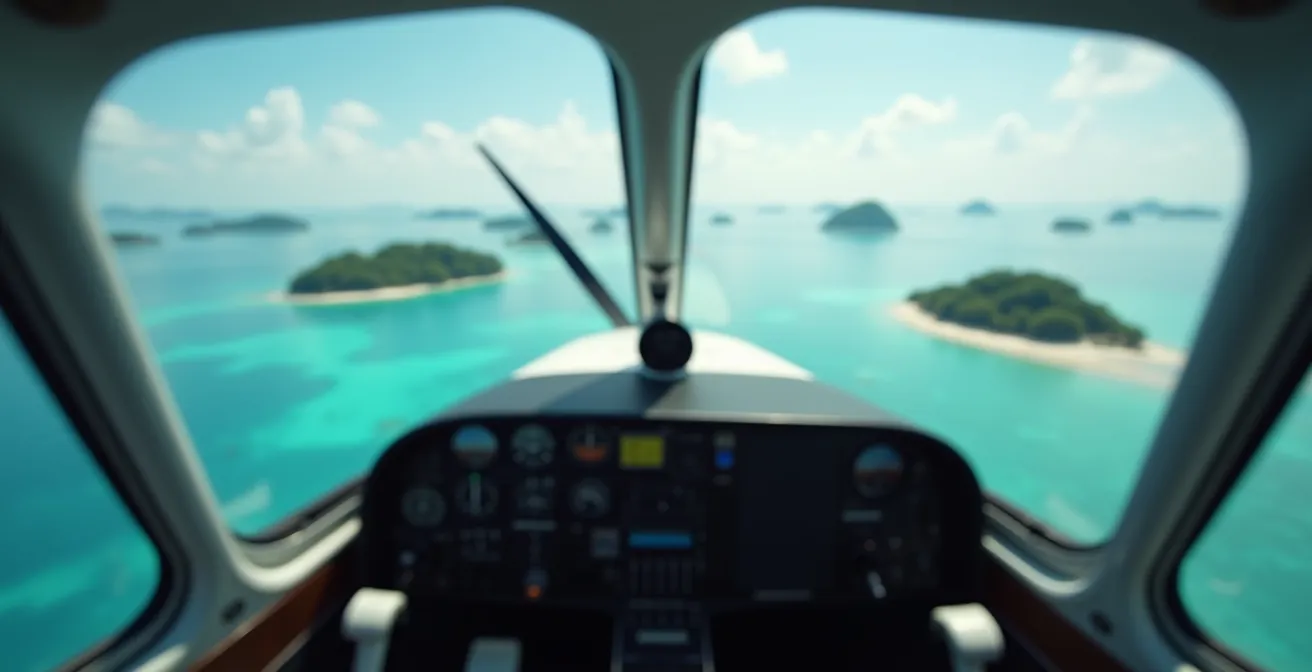 Vue depuis le cockpit ouvert d'un Twin Otter survolant les îles tropicales