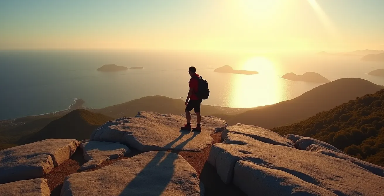 Vue panoramique sur Victoria et l'océan Indien depuis le sommet de Copolia