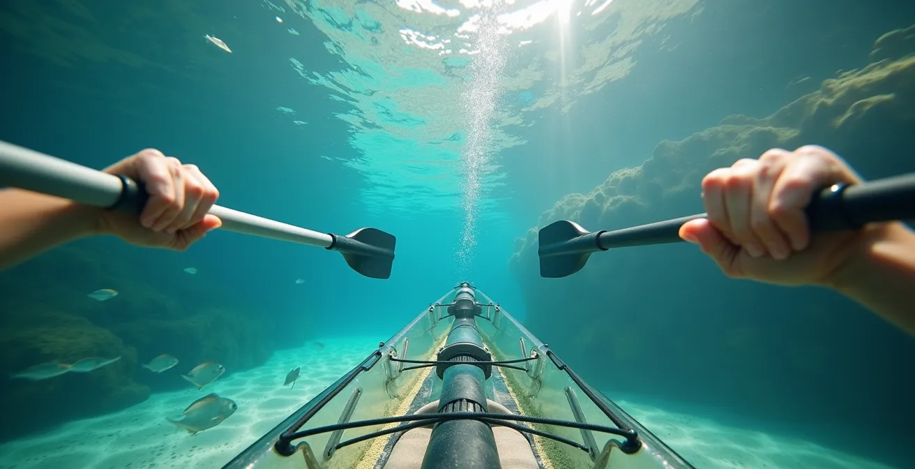 Vue depuis l'intérieur d'un kayak transparent montrant des bancs de poissons colorés à travers la coque transparente