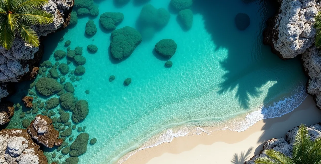 Carte aérienne stylisée des zones de baignade sûres à Anse Lazio montrant les courants et formations rocheuses